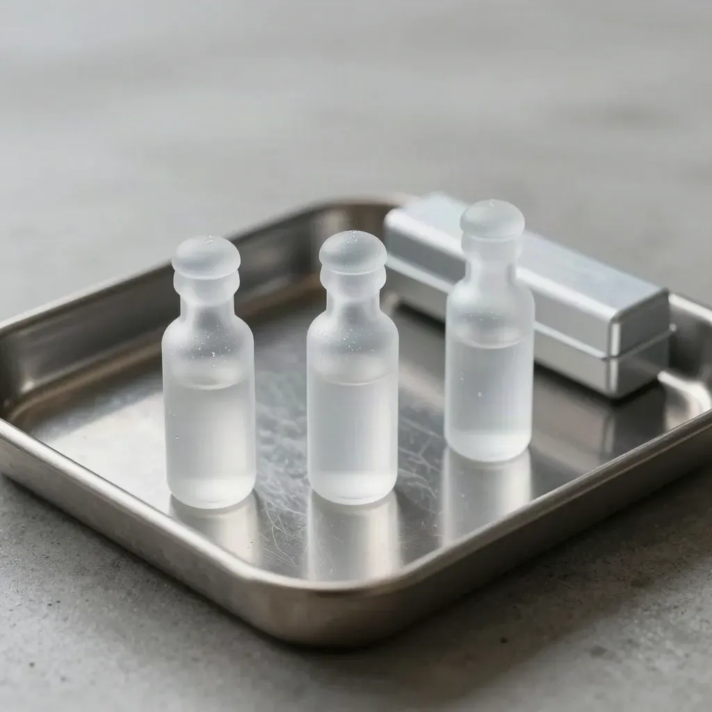 Frosted lab vials and a sealed ampoule case on a stainless tray