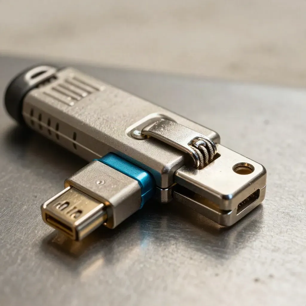 Macro of a security key, ethernet plug, and latch plate on brushed metal with cyan accent.