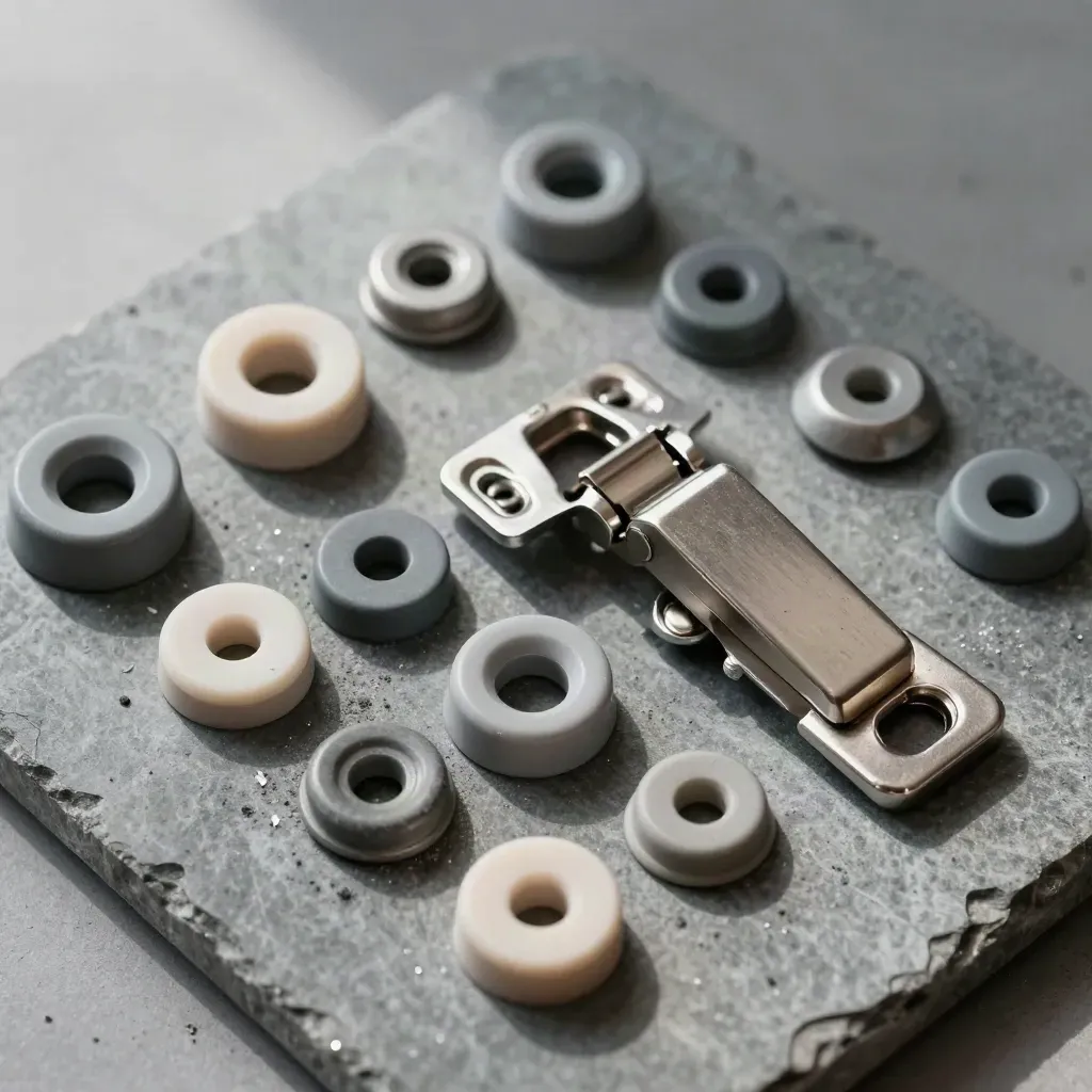 Top-down flatlay of fasteners, spacer discs, and a brushed-aluminum hinge block on stone.