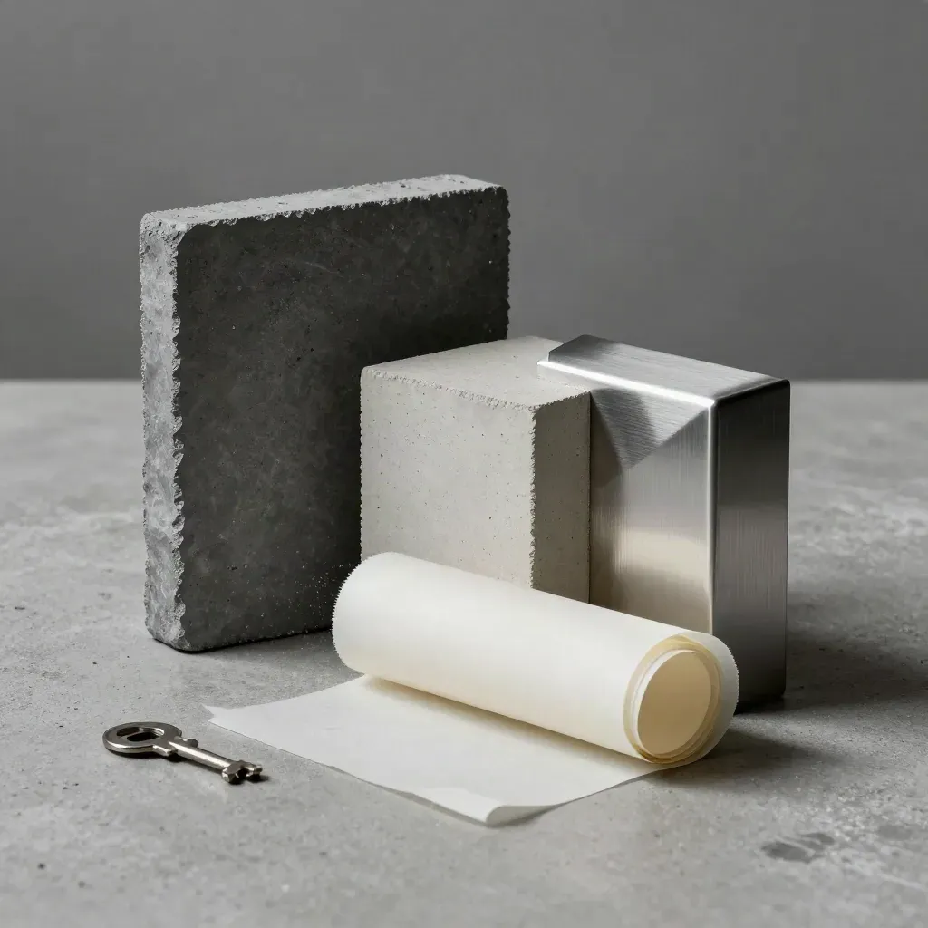 Architectural samples on concrete, dramatic side light, vellum curling open