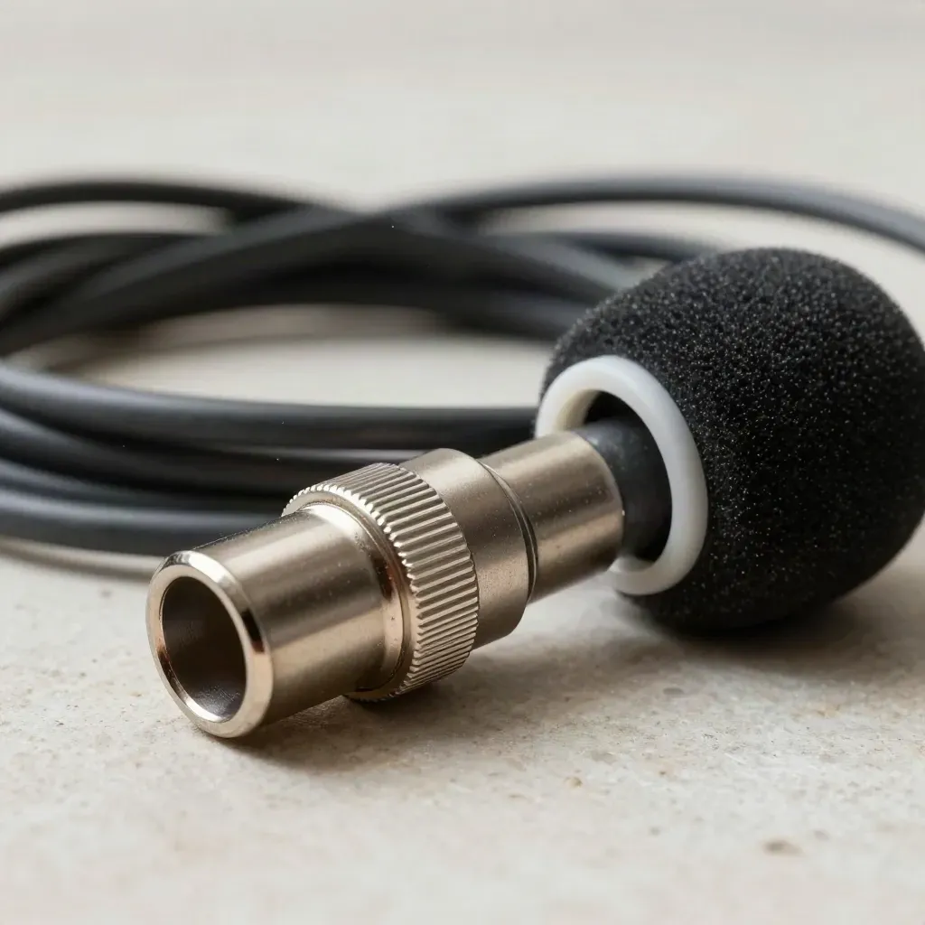 Macro of an XLR connector, coiled braided cable, and foam windscreen ring on brushed stone.