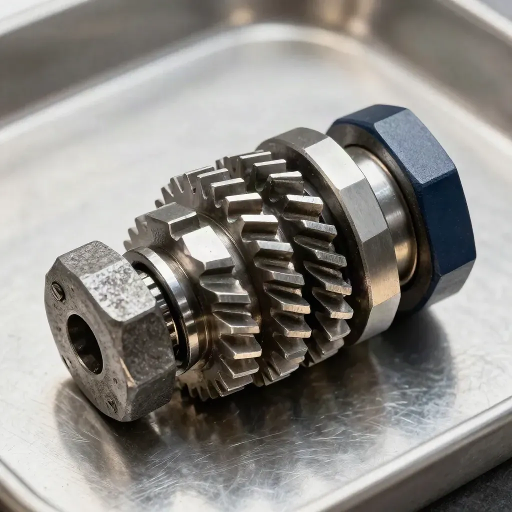 Precision gears, hex spacers, and a cast-iron calibration block on a brushed-metal tray.
