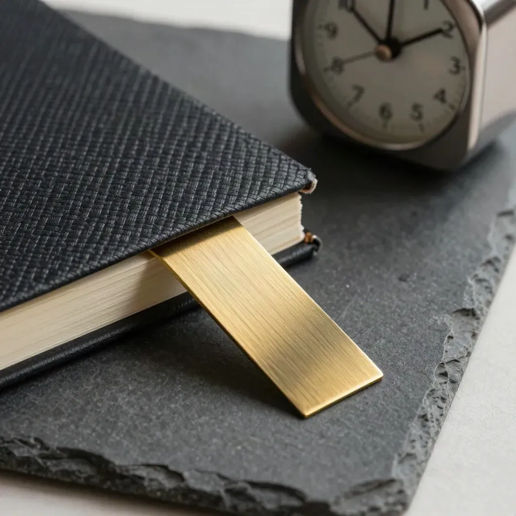 Brass bookmark slipping from a textured pocket notebook beside a tiny desk timer on graphite stone.