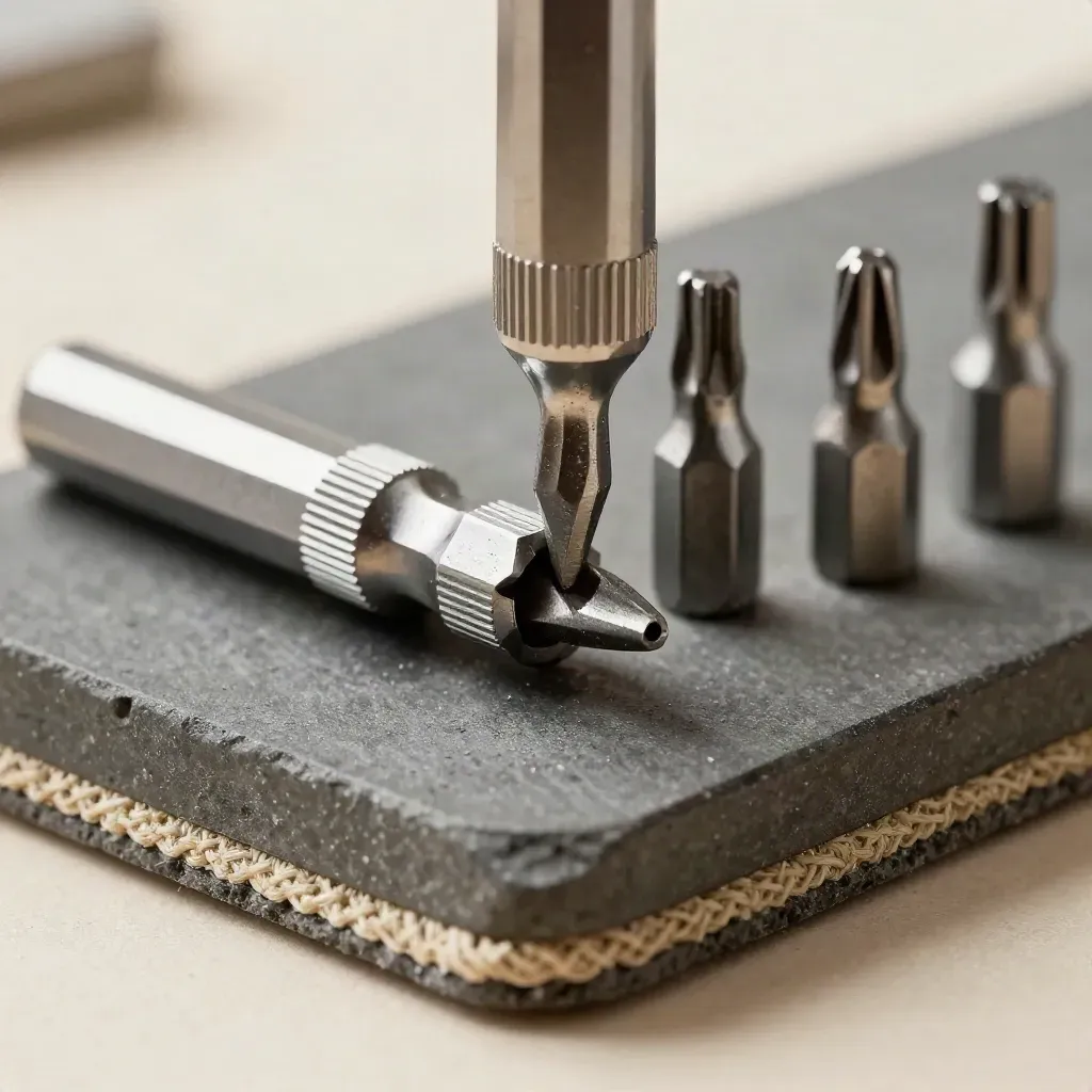 Macro of hex key, Torx bit, and closing bit holder on graphite surface.
