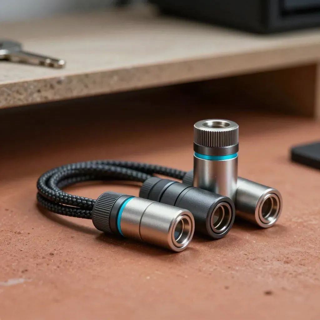 Three modular adapter blocks and a braided cable loop on a terracotta workbench