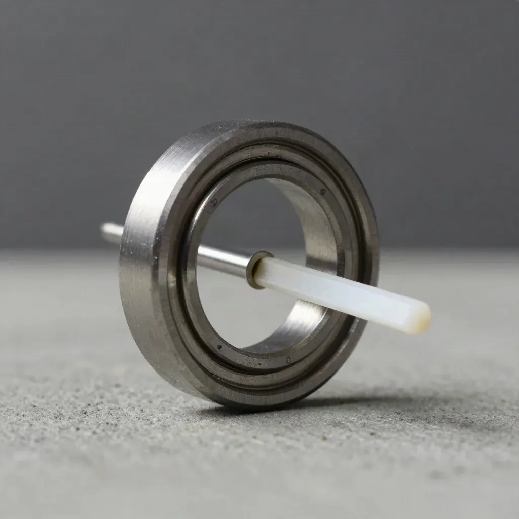 Macro of disassembled brushed-metal parts on a concrete-grey surface with white accent details.