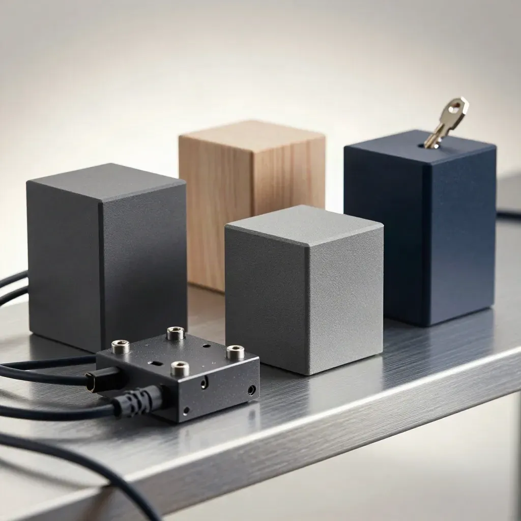 Prototype enclosures, cable organizers, and a docking brick under dramatic studio light