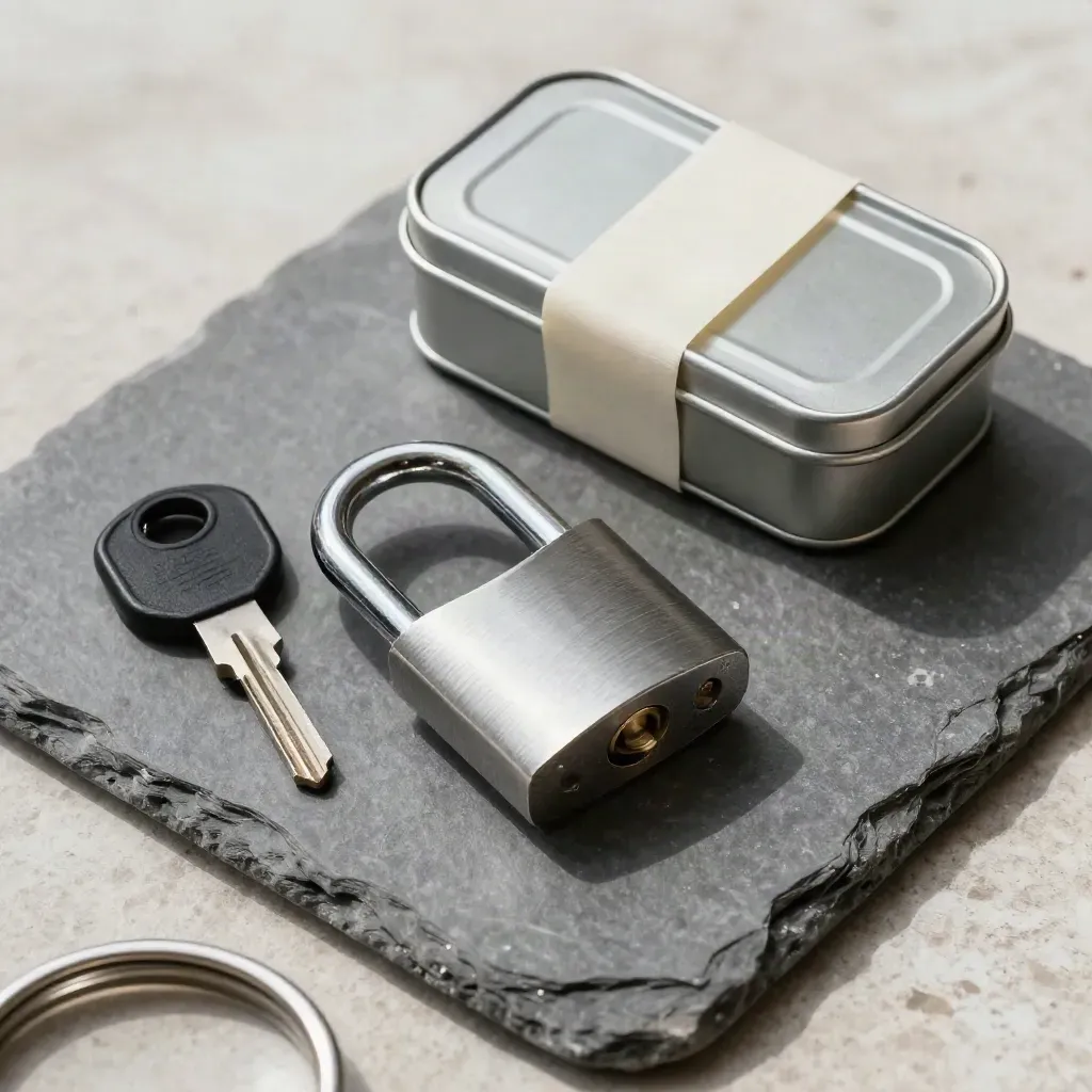 Top-down still life of a padlock, hardware key, and sealed steel tin on stone.