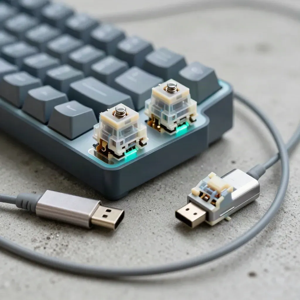 Macro of a keyboard switch tester, keycap puller and USB-C dongle seen through a cable coil