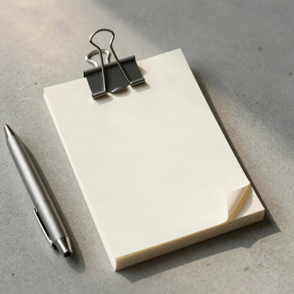 Binder clip, tabbed index cards and a pen cap on concrete-grey surface
