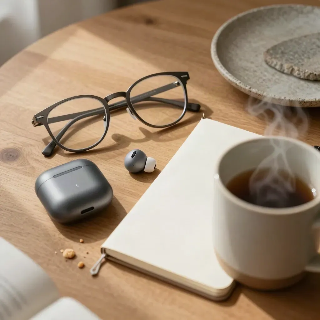 Top-down still life of glasses, earbuds, notebook and steaming mug on honey-oak wood.