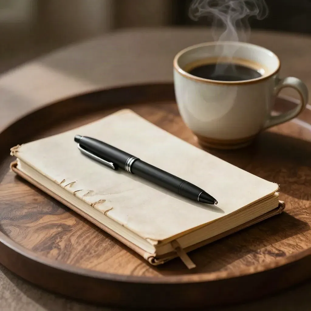 Macro still life of a weathered notebook, compact pen and steaming coffee cup on a walnut tray.