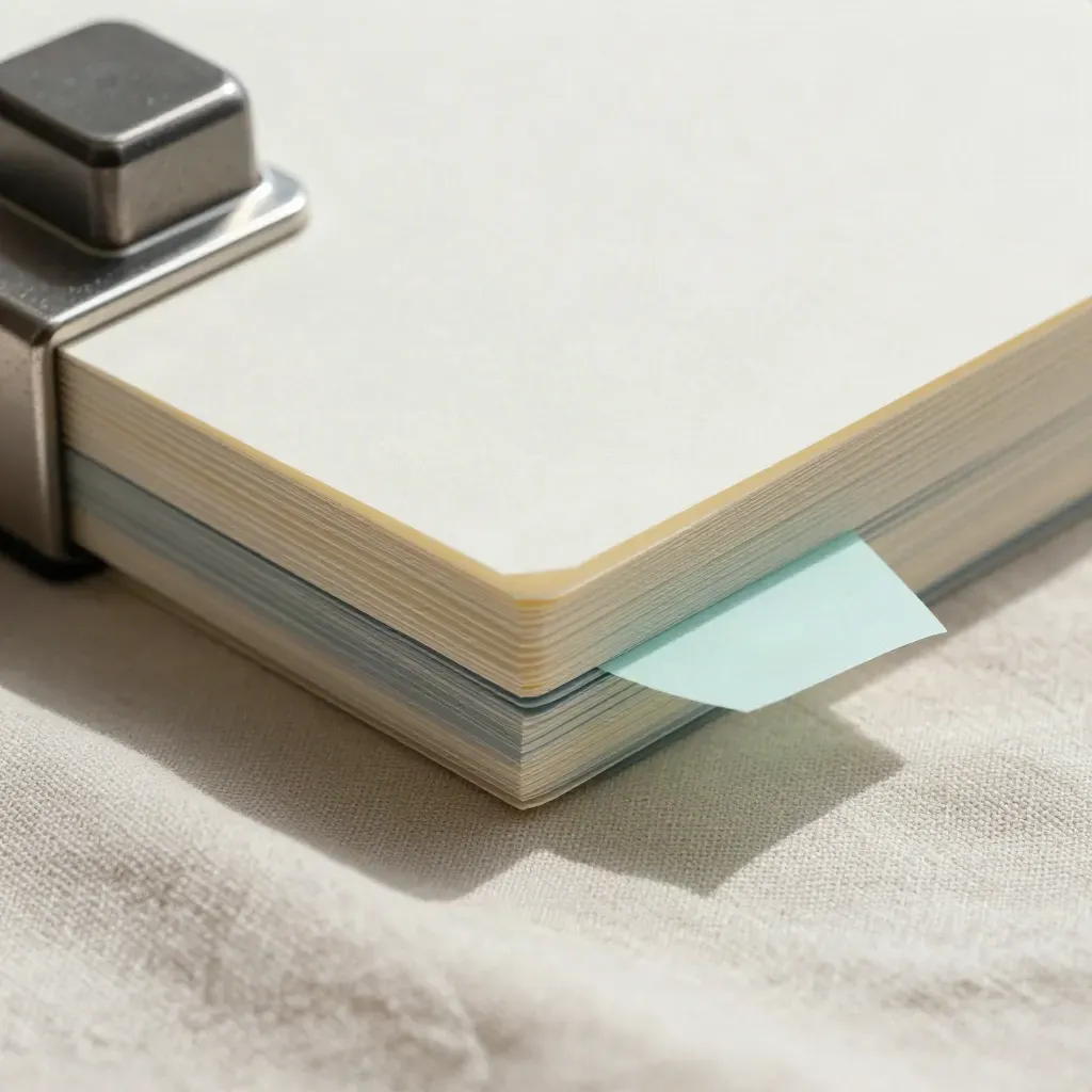 Blank index cards, steel paperweight and color tabs on pale linen, lit from upper left.