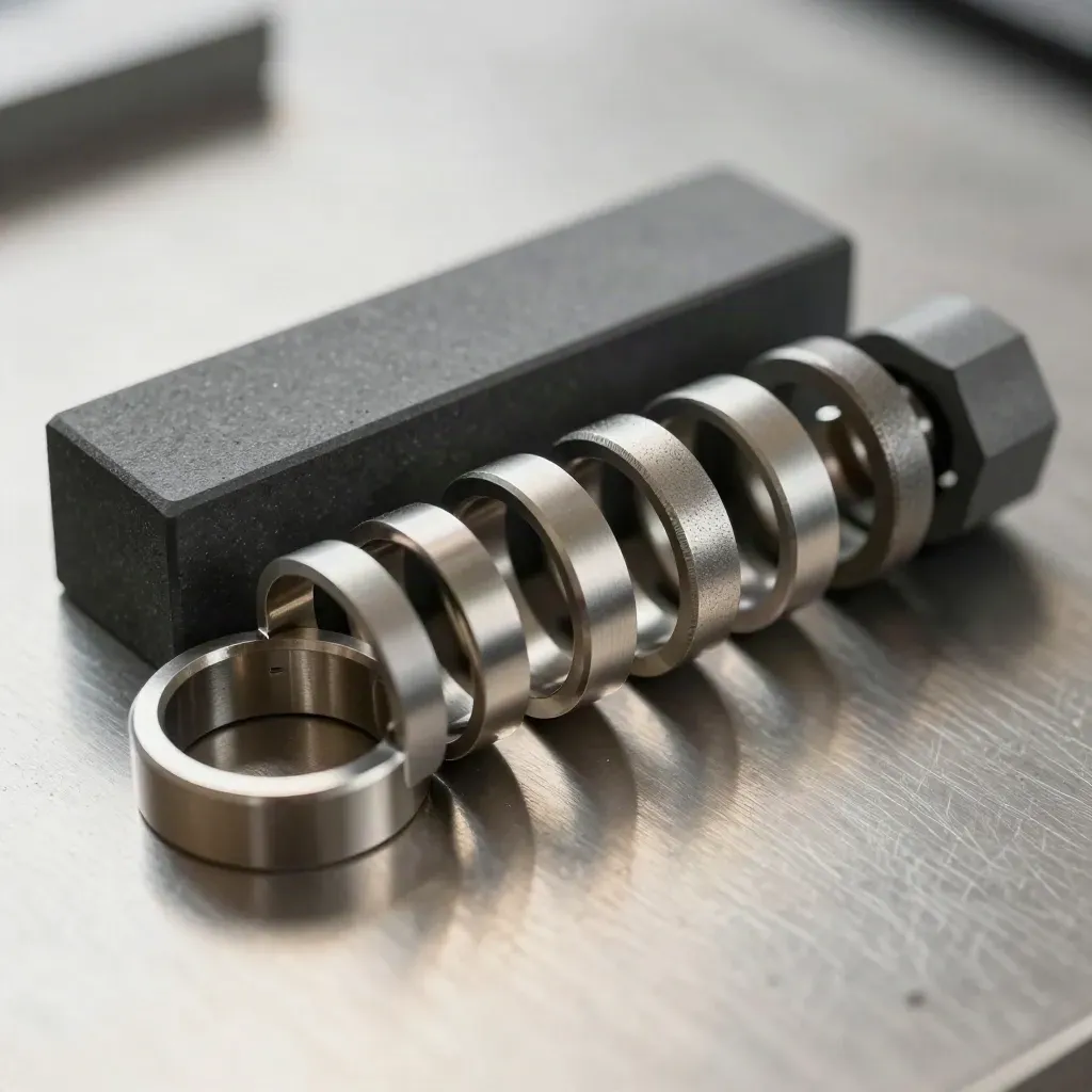 Macro still life of interlocking metal rings, a modular block, and connector on brushed steel.