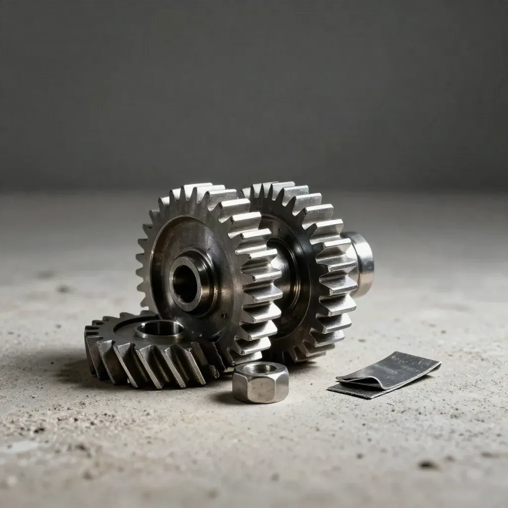 Split gear pair, hex spacer, and folded shim on pale concrete with dramatic workshop light.