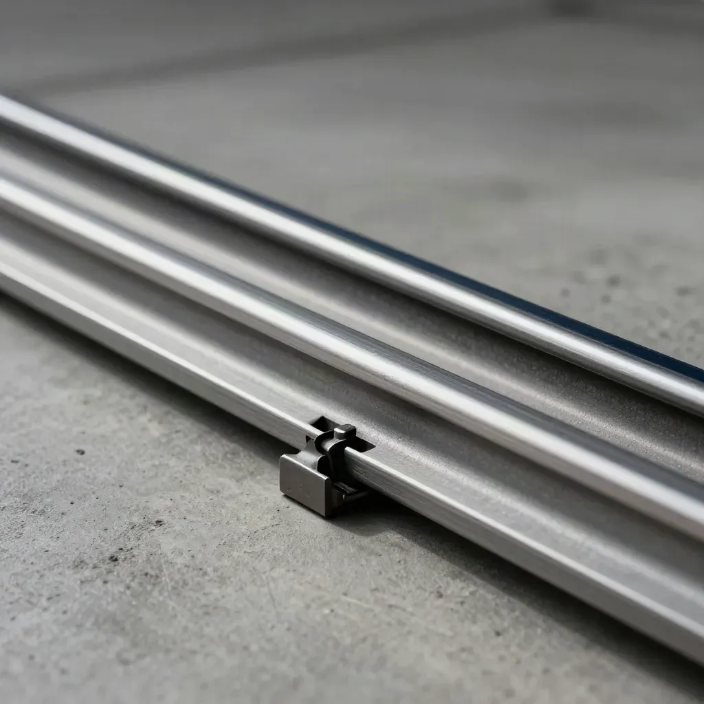 Aligned aluminum rails, connector pin, and matte spacer strip on concrete in close-up