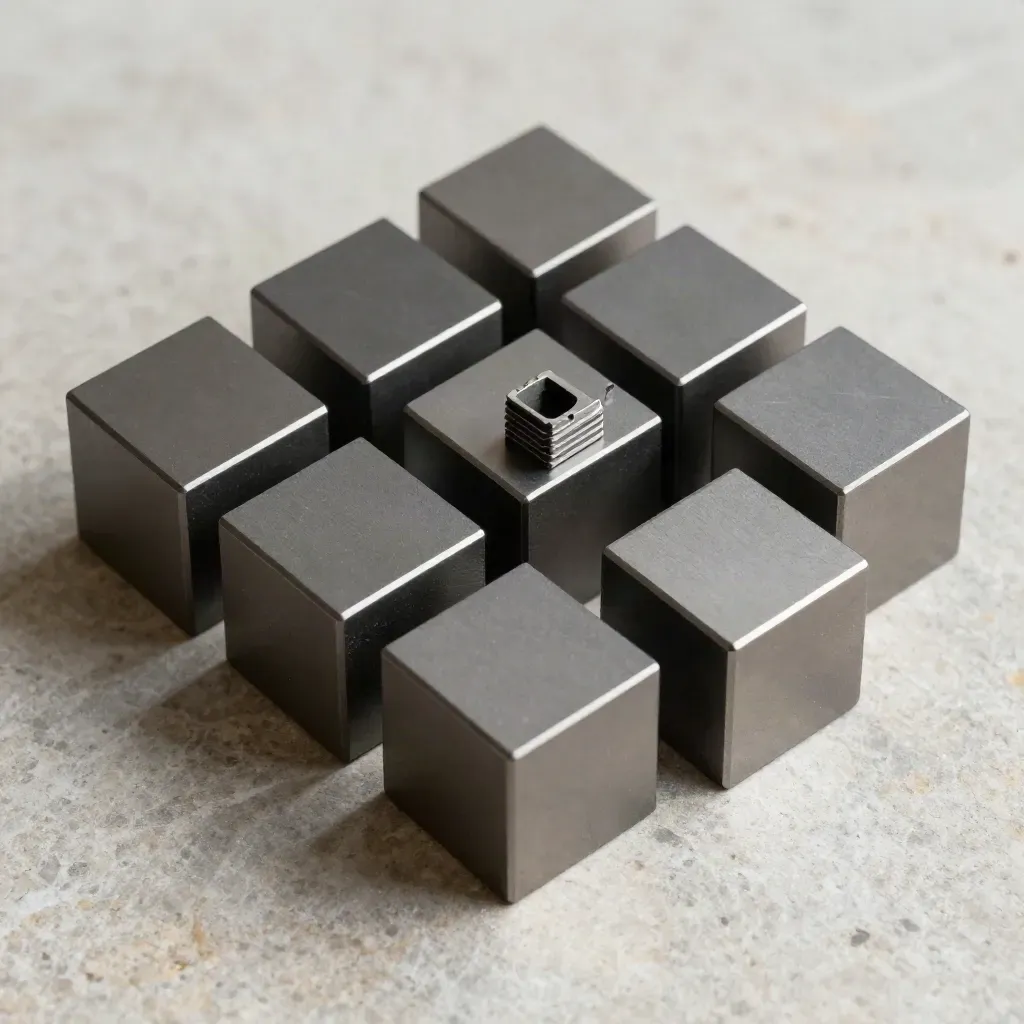 Top-down still life of graphite modular cubes, hinge block, and precision inserts on stone.